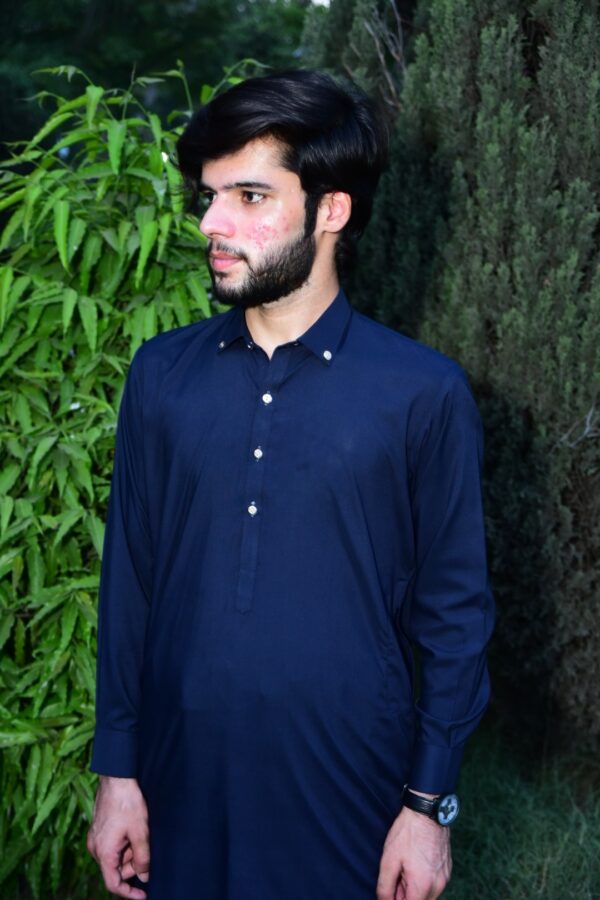 zsw 001 modern stitched kameez shalwar in dark blue color with royal golden buttons