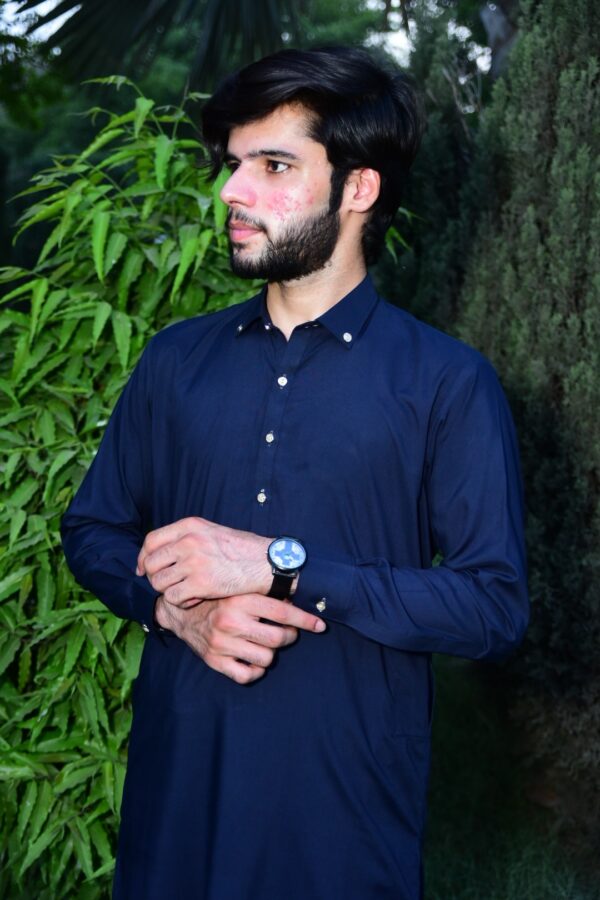 zsw 001 modern stitched kameez shalwar in dark blue color with royal golden buttons