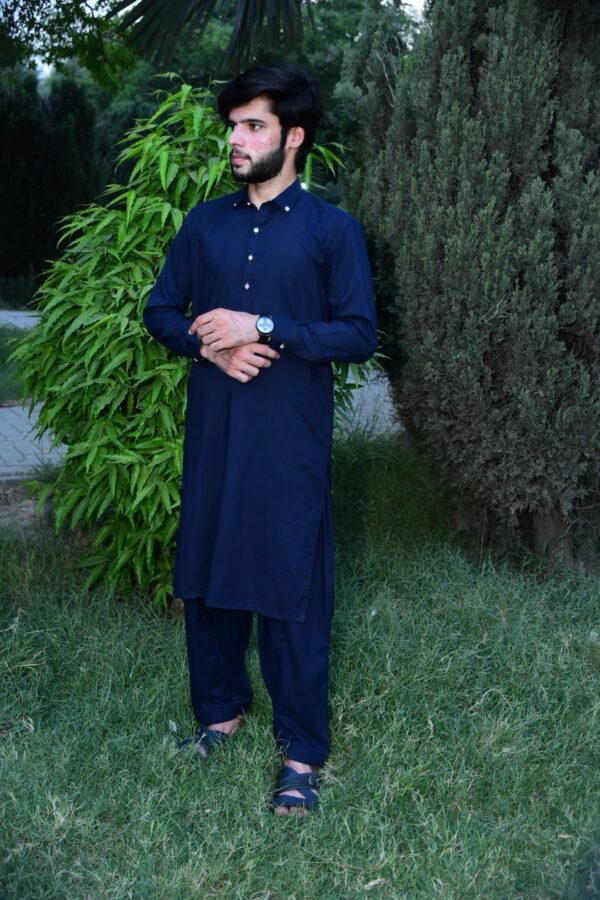 zsw 001 modern stitched kameez shalwar in dark blue color with royal golden buttons