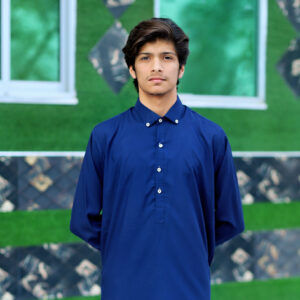 modern stitched kameez shalwar in dark blue color with royal golden buttons