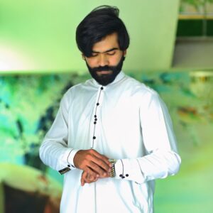 off white color modern style shalwar kameez with black & red yarn buttons & modern cuffs.